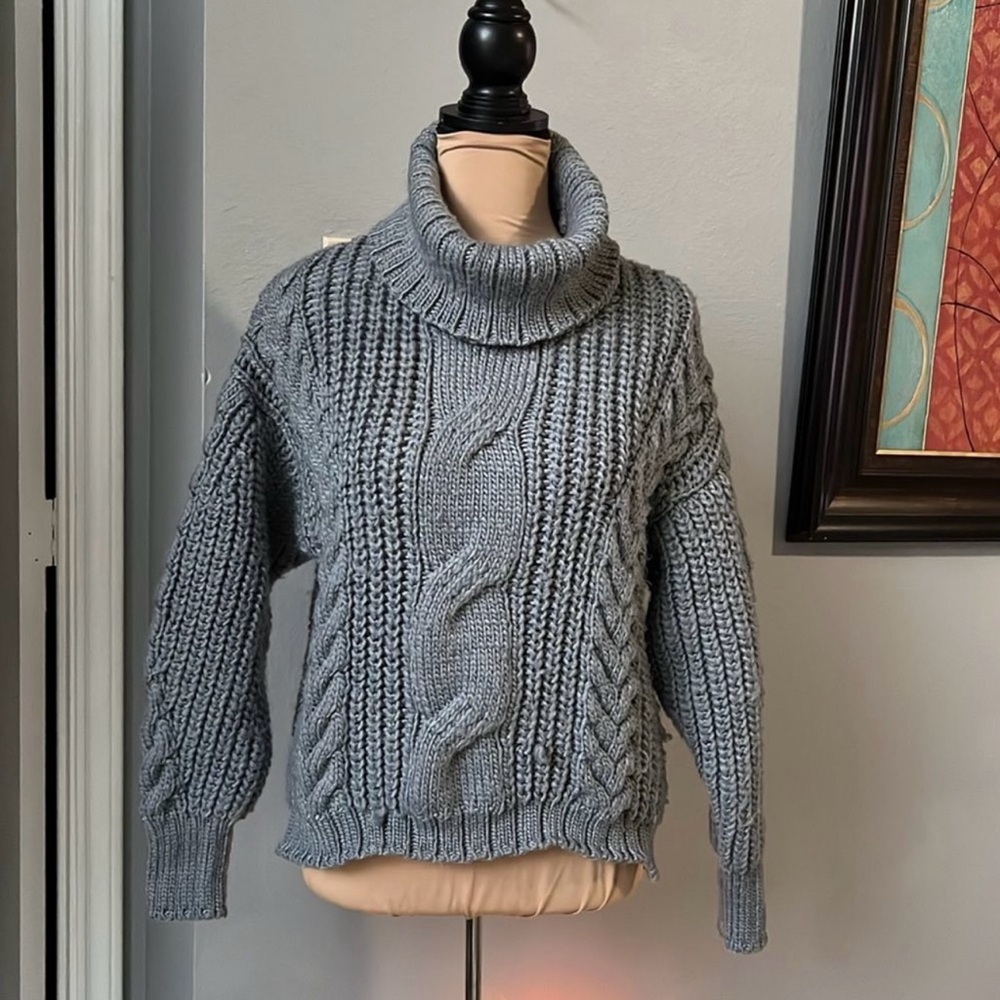 For The Republic Gray Cable Knit Turtleneck Sweater
